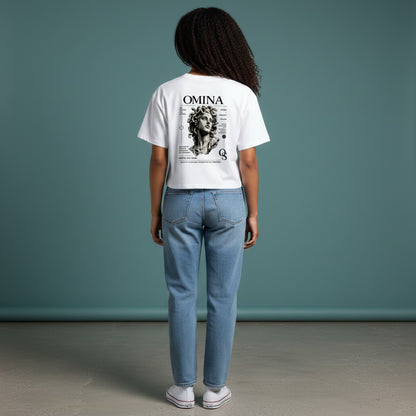 Omina Studio white cotton blend cropped t-shirt with Medusa graphic print and branding.