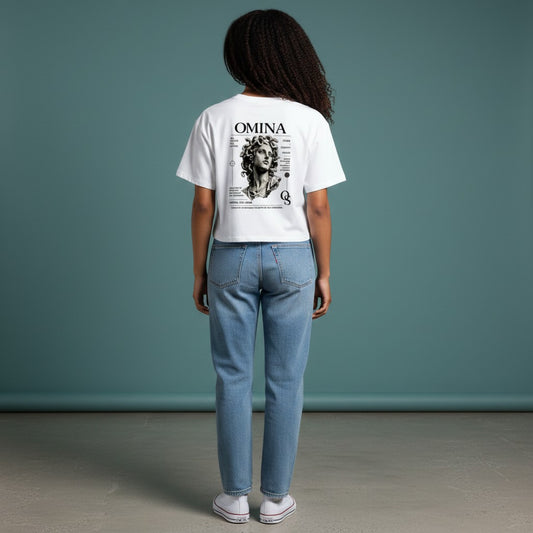 Omina Studio white cotton blend cropped t-shirt with Medusa graphic print and branding.