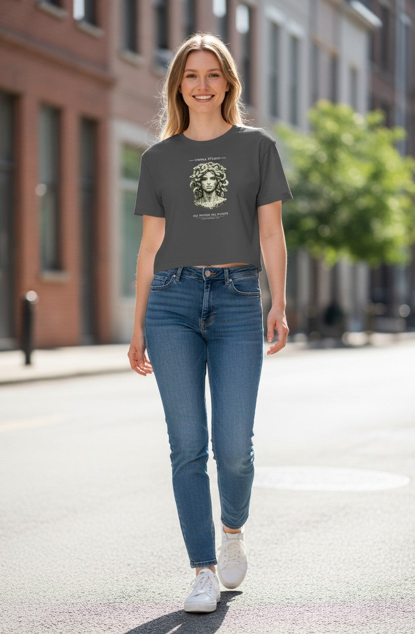 Omina dark grey cotton crop tee with Medusa graphic and "All Things. All Within." text.