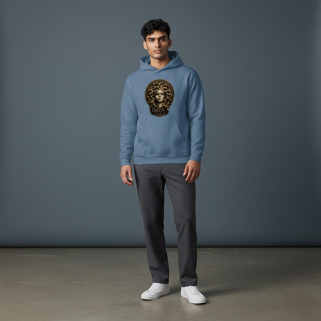 Omina blue graphic print hoodie sweatshirt with Medusa design, drawstring hood, and kangaroo pocket.