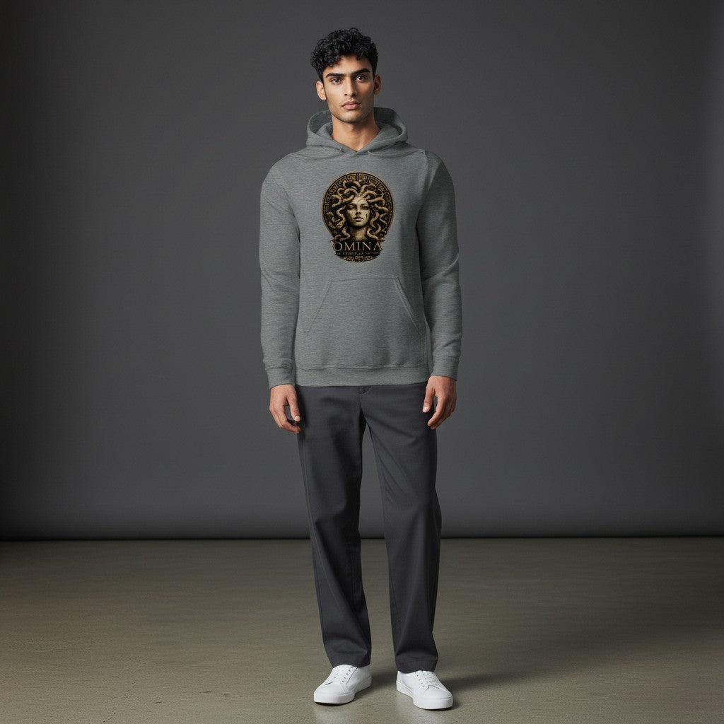Omina grey cotton blend hoodie with Medusa graphic and "All Things, All Within" text.