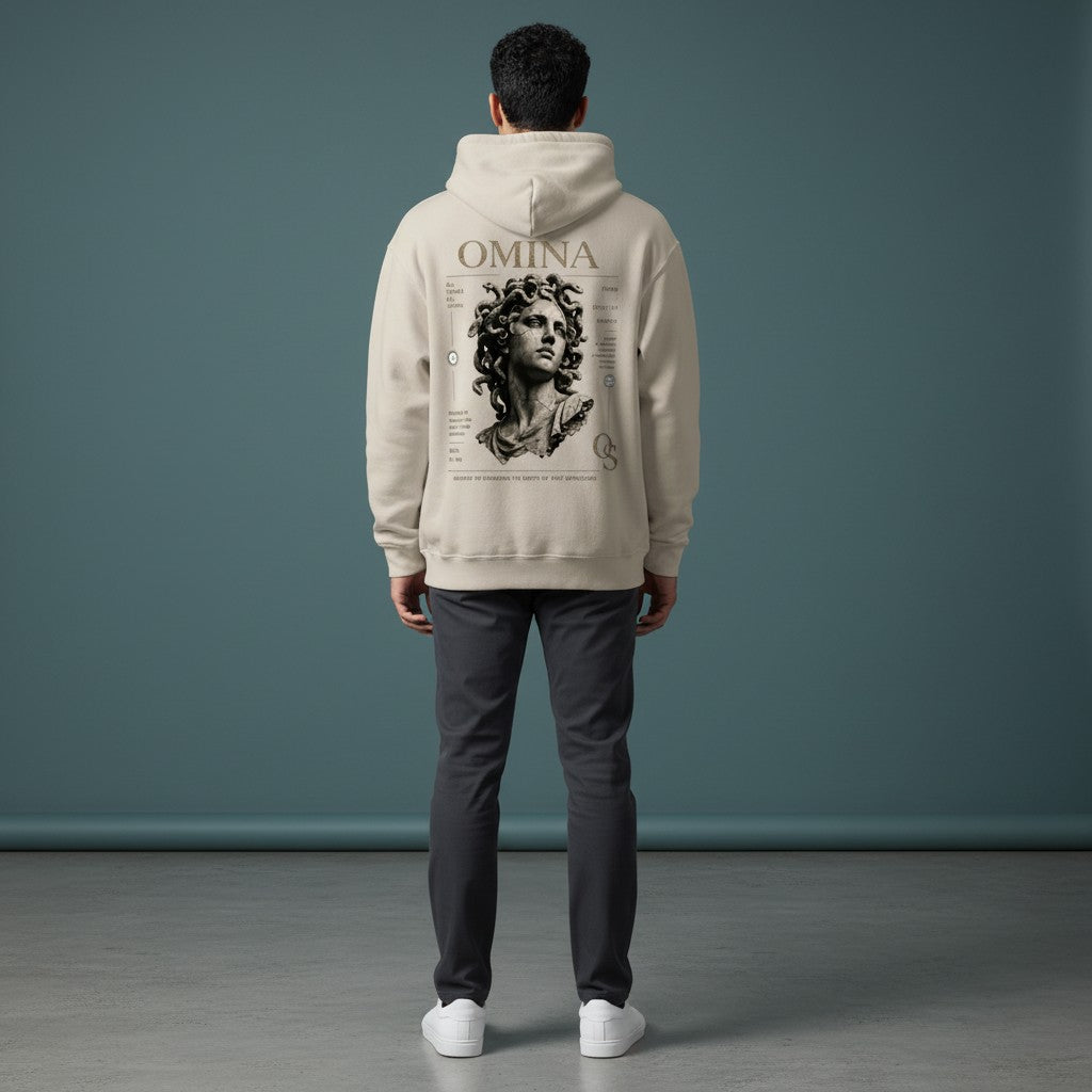 Omina Studio sandstone on black OS Medusa hoodie with a distressed graphic of Medusa and text details.