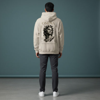 Omina Studio sandstone on black OS Medusa hoodie with a distressed graphic of Medusa and text details.