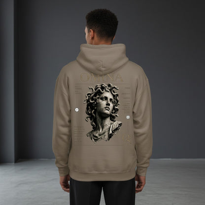 Omina Studio OS Medusa Hoodie in sandstone on black, featuring a relaxed fit, drop shoulder, and a large graphic of Medusa on the back.