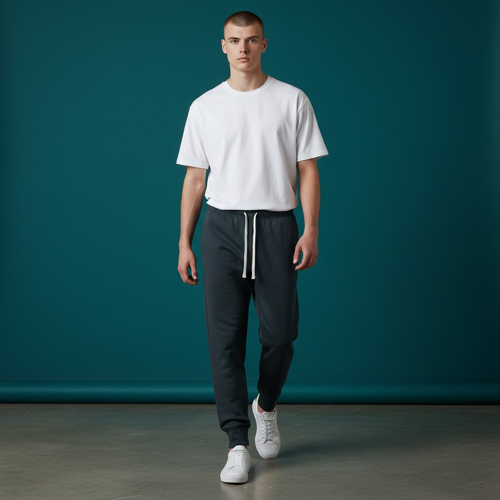 Omina Men's dark grey tapered leg drawstring joggers made from polyester and spandex blend.