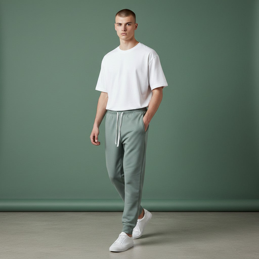 Omina men's grey tapered leg joggers made from polyester and spandex blend with a drawstring waist.