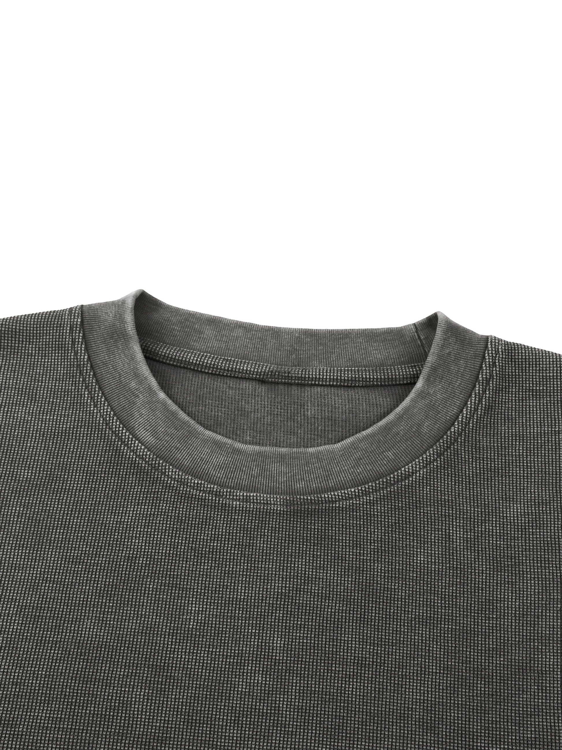 Omina charcoal grey mineral wash waffle knit t-shirt with ribbed crew neck and drop shoulders.