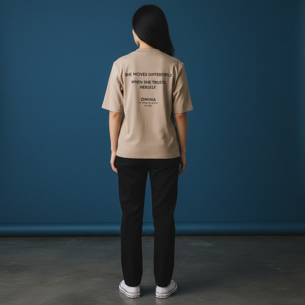 Omina taupe viscose and spandex short sleeve mock neck t-shirt with graphic text on back