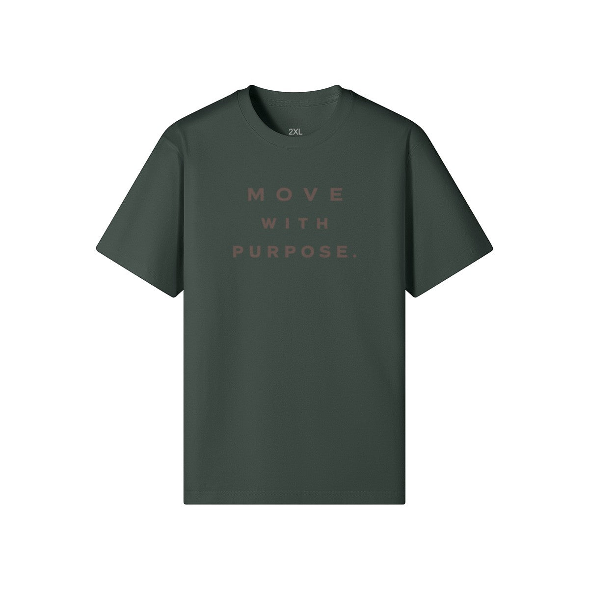 Omina dark green heavyweight cotton t-shirt with "MOVE WITH PURPOSE" graphic print on chest.