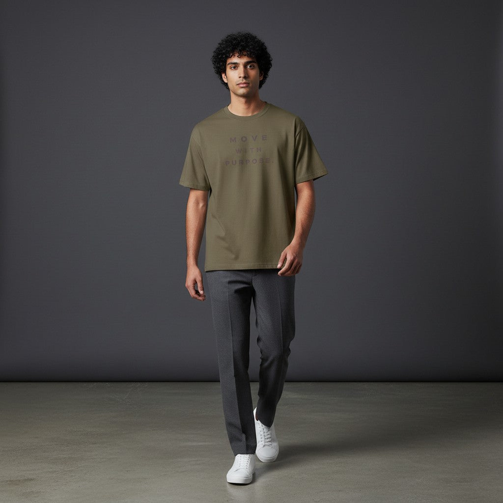 Omina olive green heavyweight cotton t-shirt with "MOVE WITH PURPOSE." graphic on chest. Relaxed fit, crew neck.