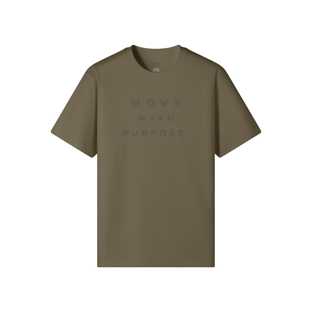 Omina olive green heavyweight cotton t-shirt with 'MOVE WITH PURPOSE.' text graphic on chest. Relaxed fit, crew neck.