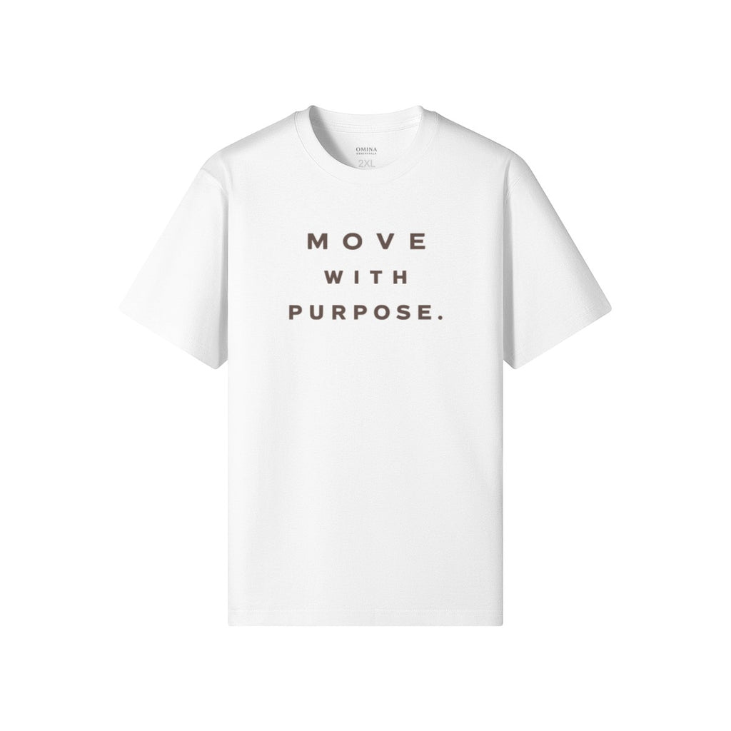 Omina white heavyweight cotton t-shirt with "MOVE WITH PURPOSE." printed in brown on the chest.