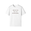 Omina white heavyweight cotton t-shirt with "MOVE WITH PURPOSE." printed in brown on the chest.
