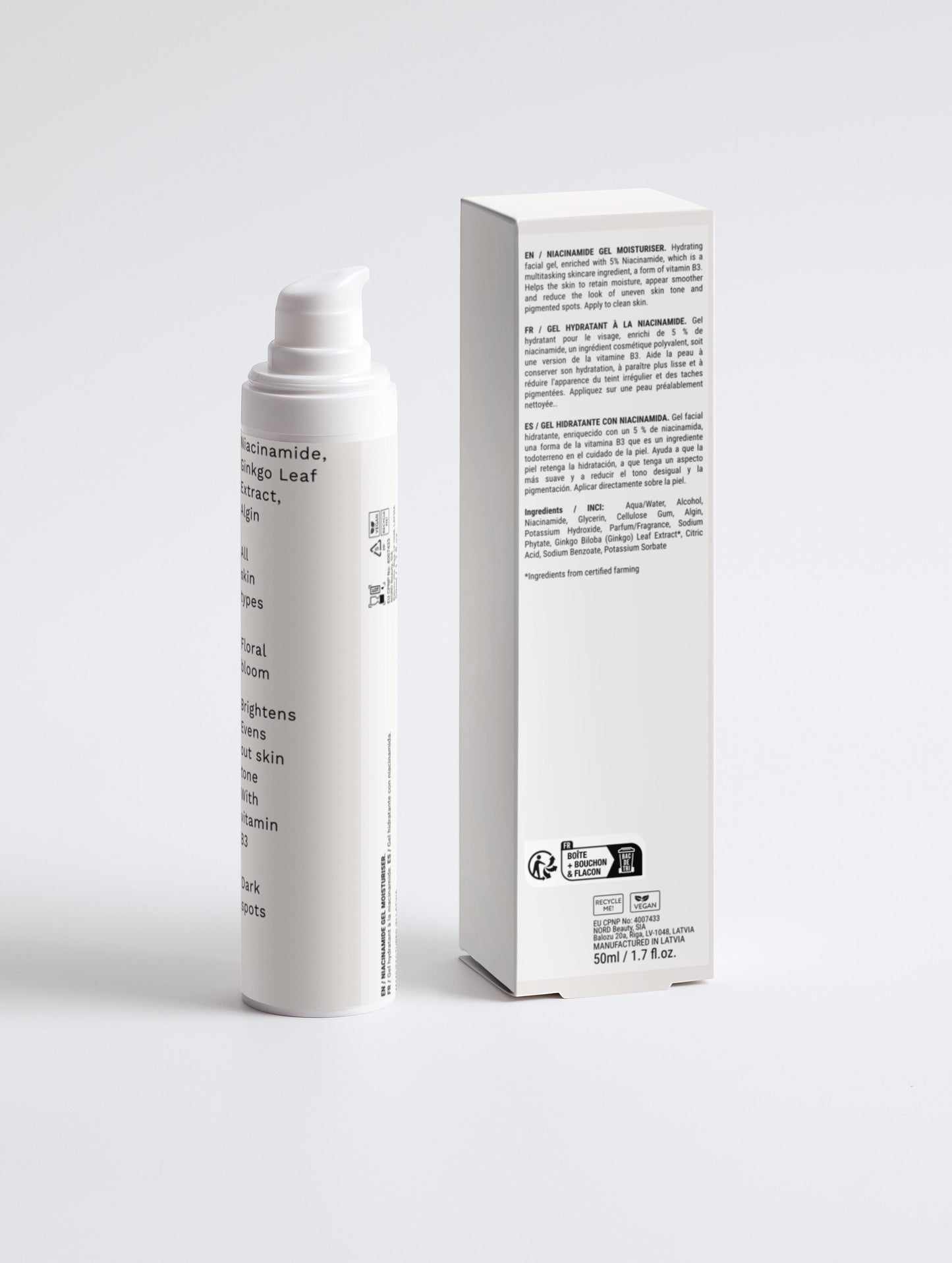 Omina Essence Niacinamide Gel Moisturiser with Ginkgo Leaf Extract in a white pump bottle and box. For all skin types.