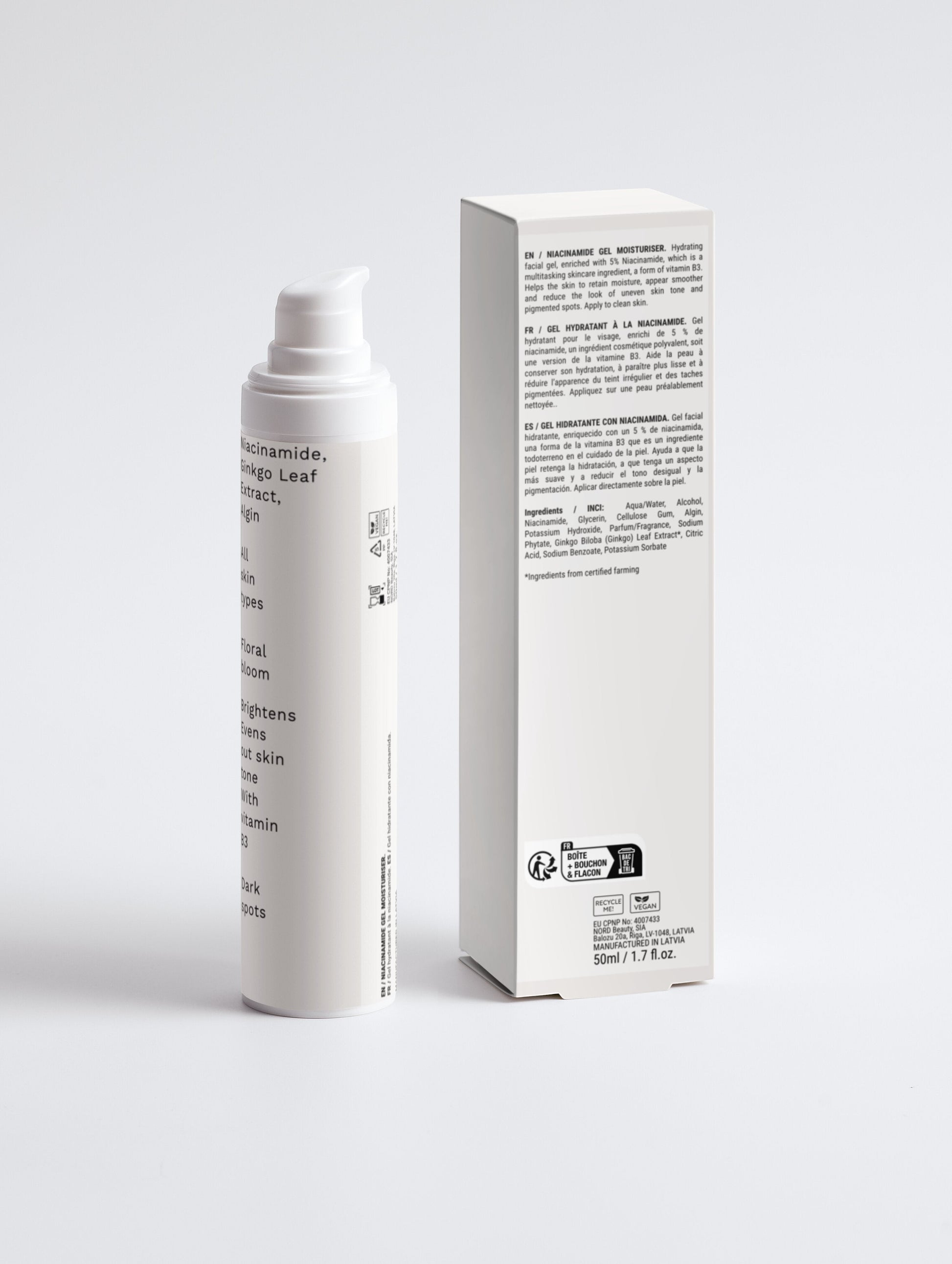 Omina Essence Niacinamide Gel Moisturiser with Ginkgo Leaf Extract in a white pump bottle and box. For all skin types.