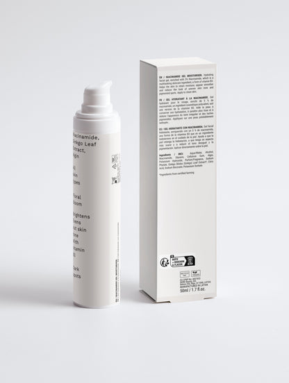 Omina Essence Niacinamide Gel Moisturiser with Ginkgo Leaf Extract in a white pump bottle and box. For all skin types.