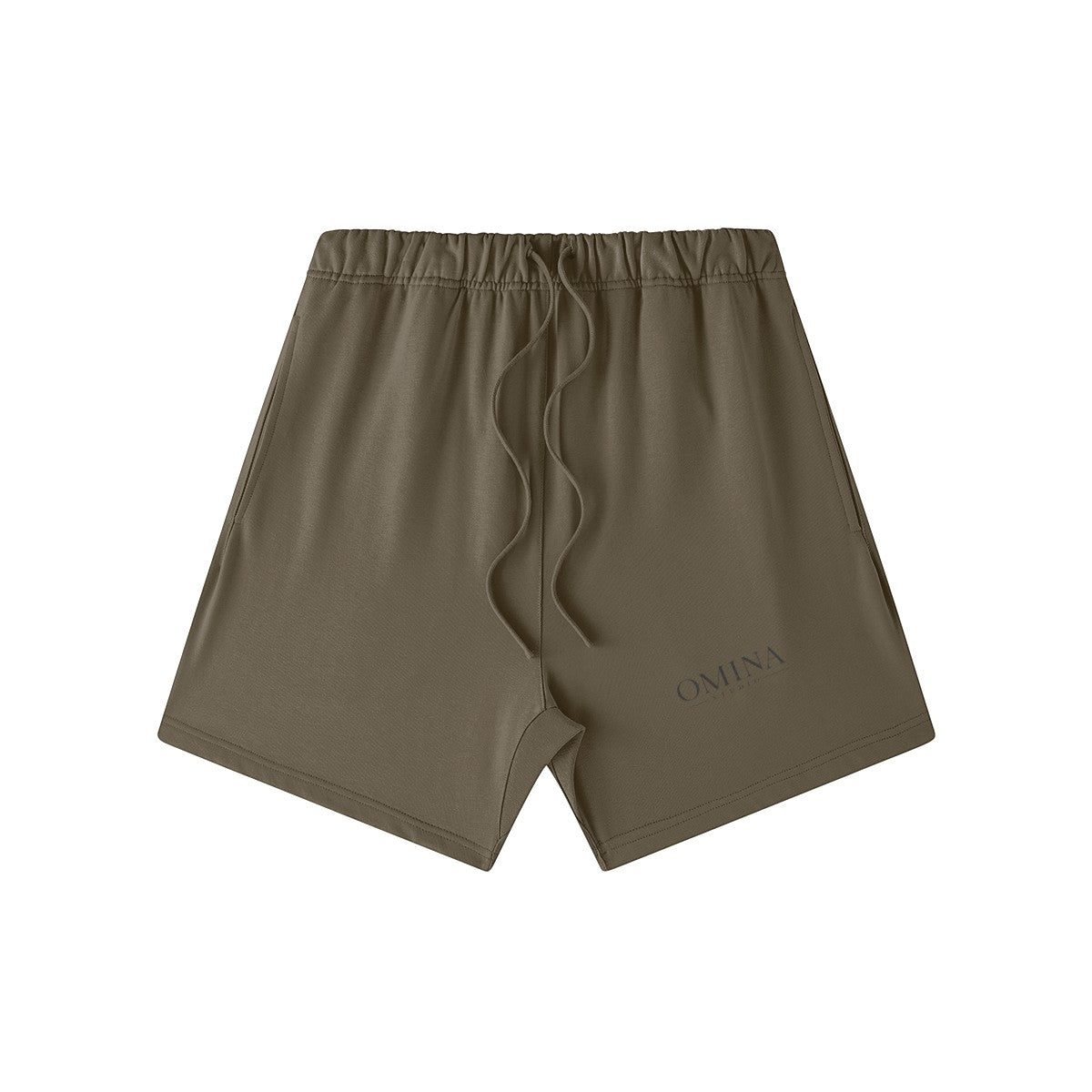 Omina Studio olive green heavyweight French terry shorts with drawstring and subtle logo detail.