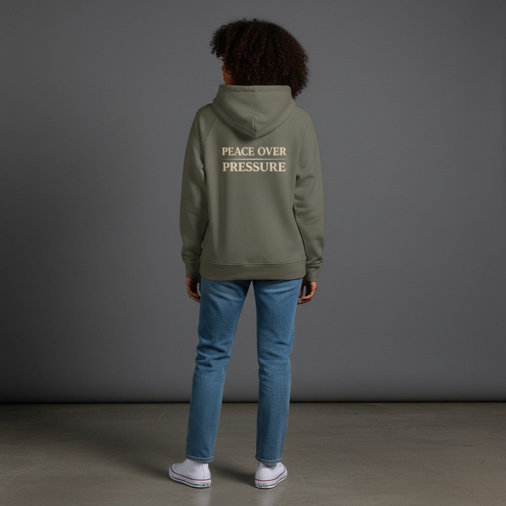Omina olive green full-zip hoodie with "PEACE OVER PRESSURE" graphic on back. Made of 100% combed cotton.