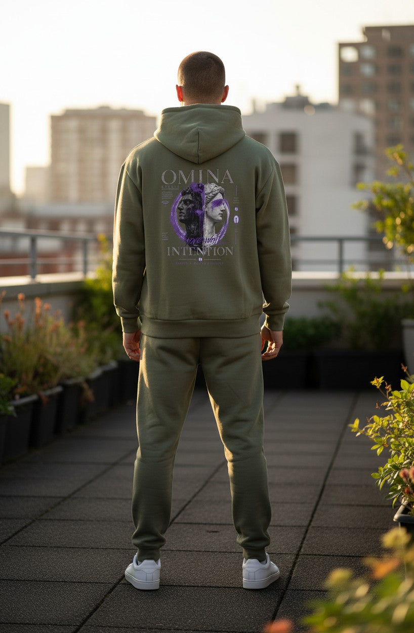 Omina Studio olive green heavyweight fleece pullover hoodie with a graphic print of two busts and text.