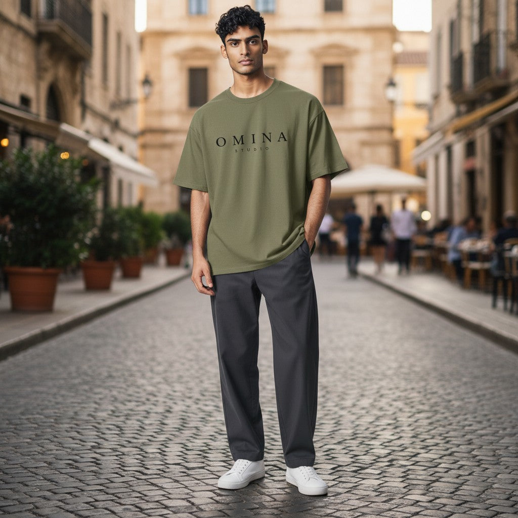 Omina Studio olive green heavyweight cotton t-shirt with relaxed fit and dropped shoulders. Features black Omina Studio logo.