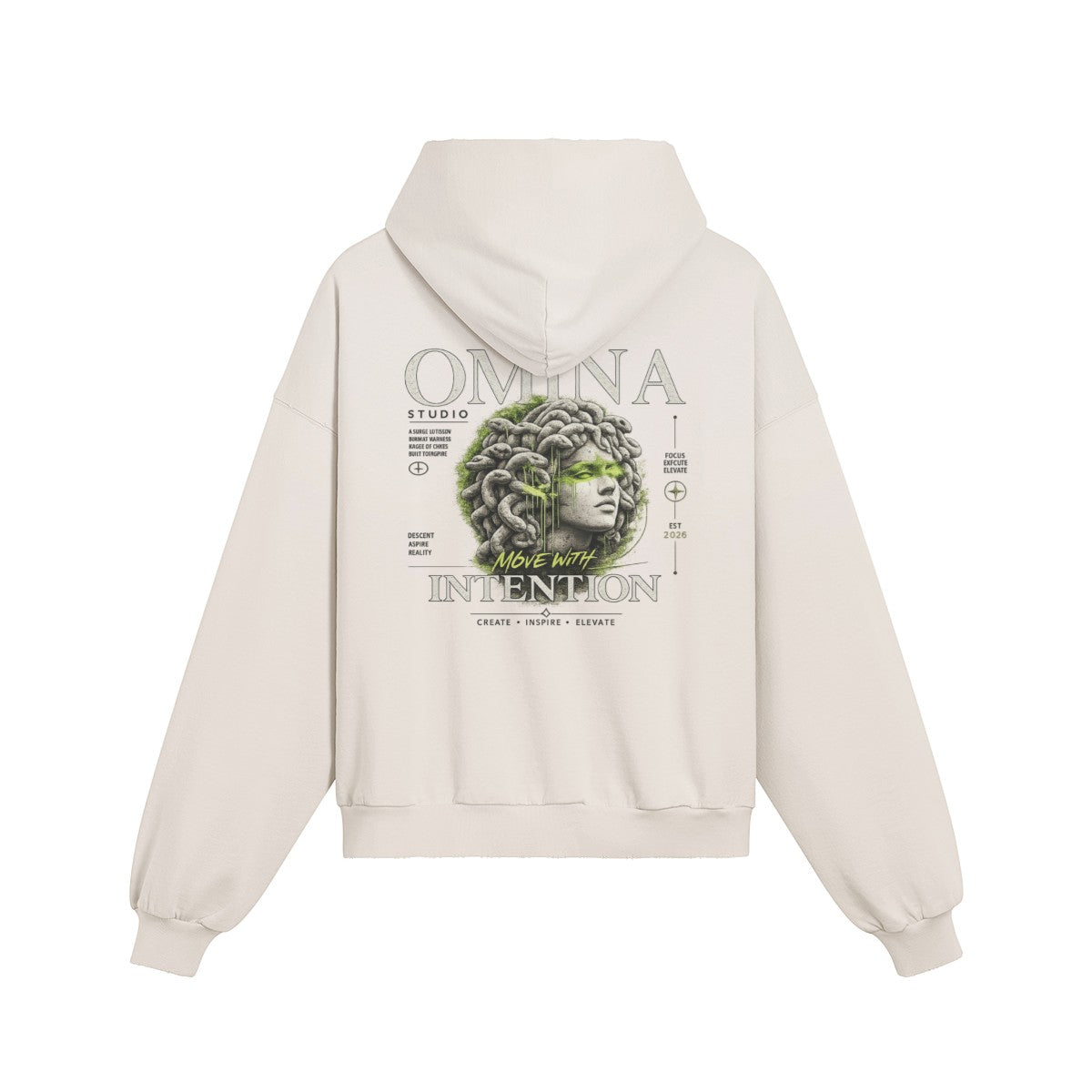 Omina oversized cream cotton hoodie with distressed details and Medusa graphic print. Boxy fit, drop shoulders, frayed hem.