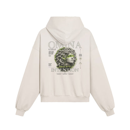Omina oversized cream cotton hoodie with distressed details and Medusa graphic print. Boxy fit, drop shoulders, frayed hem.