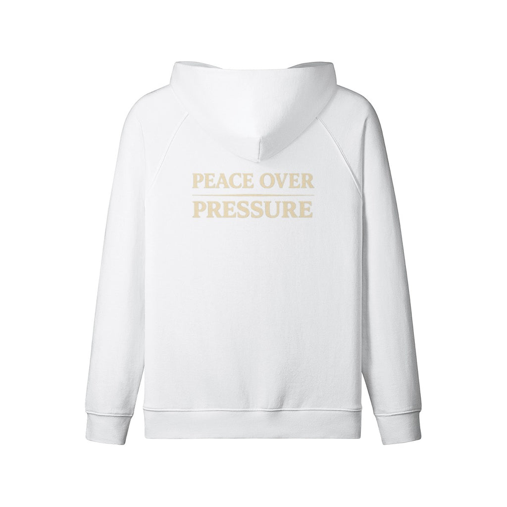 Omina white 100% combed cotton full-zip hoodie with "PEACE OVER PRESSURE" graphic on back. Relaxed fit.