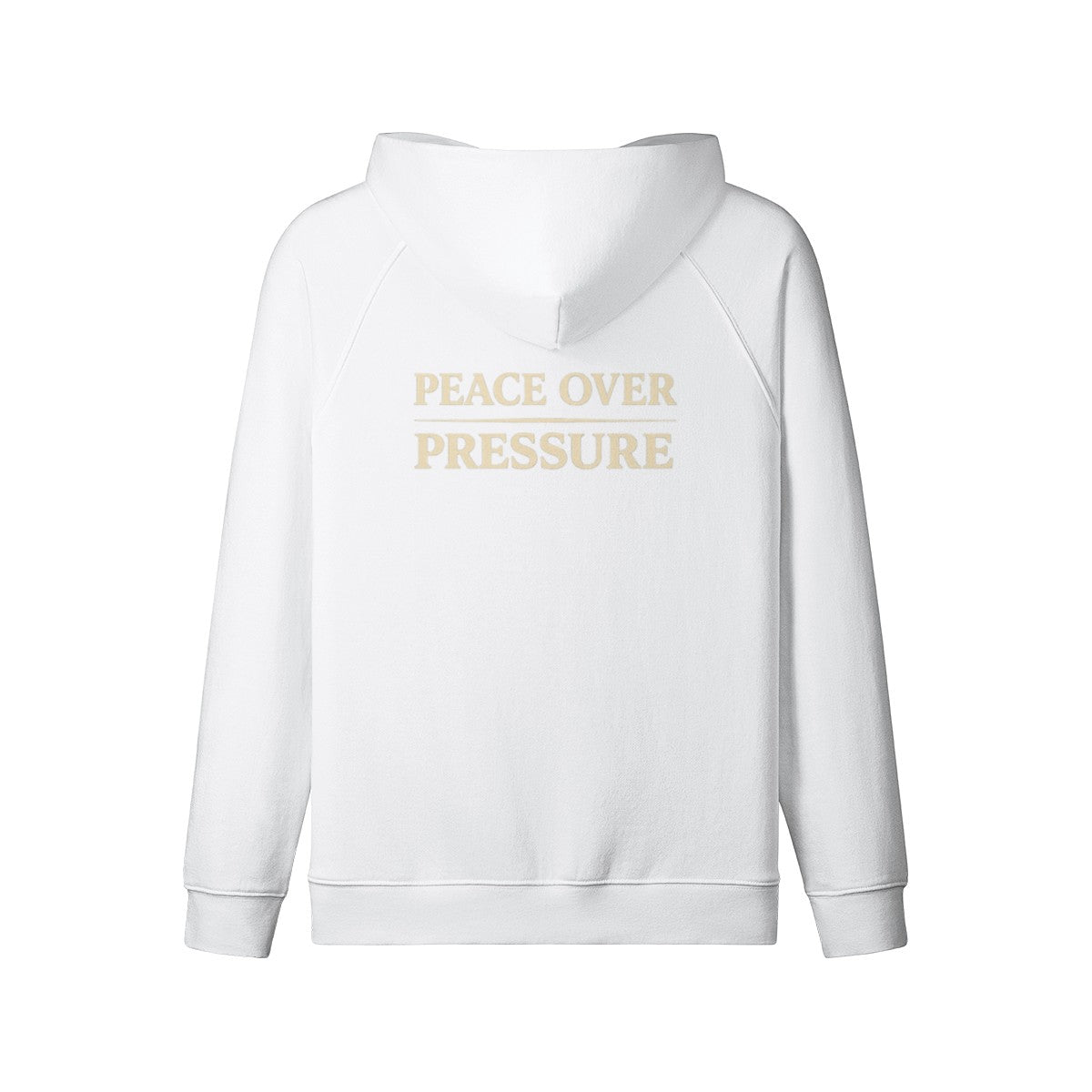 Omina white 100% combed cotton full-zip hoodie with "PEACE OVER PRESSURE" graphic on back. Relaxed fit.