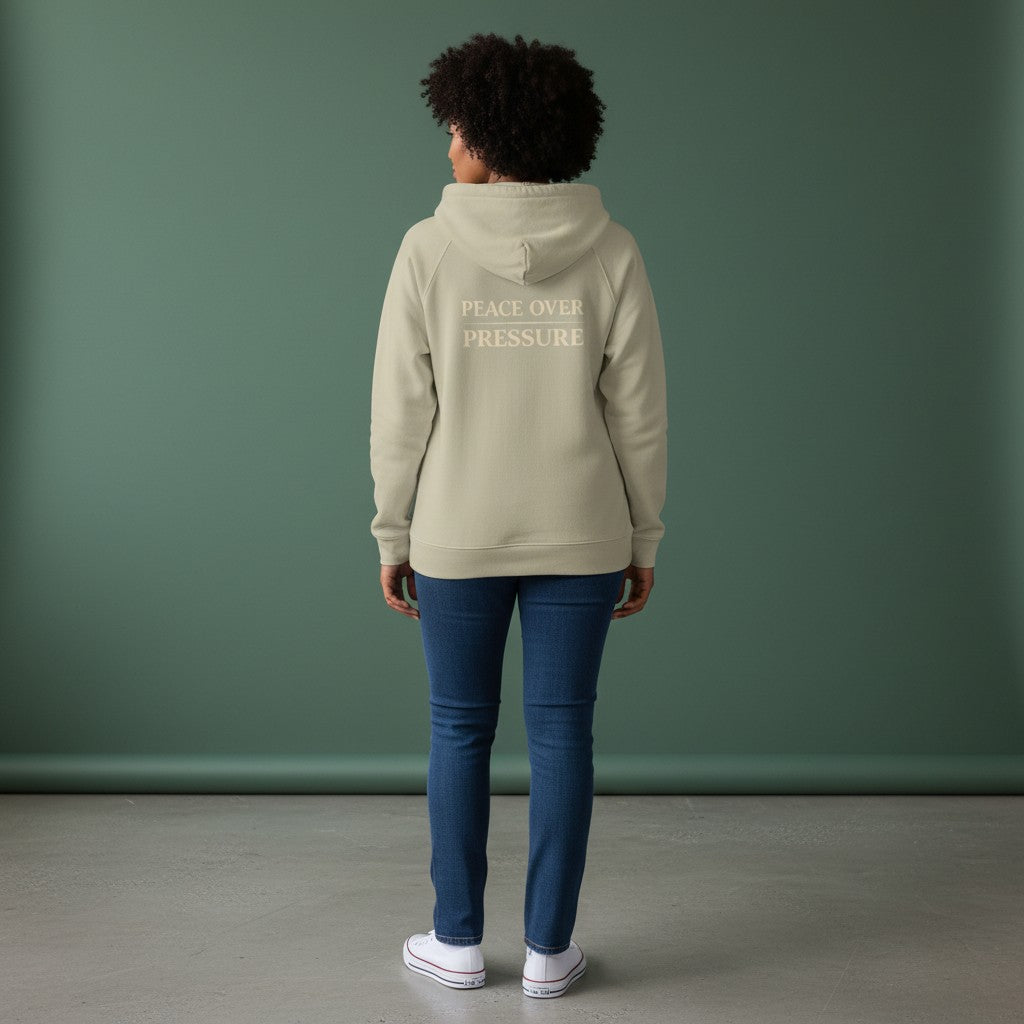 Omina women's relaxed fit full-zip hoodie in beige, made of 100% combed cotton with brushed fleece interior and "PEACE OVER PRESSURE" graphic.