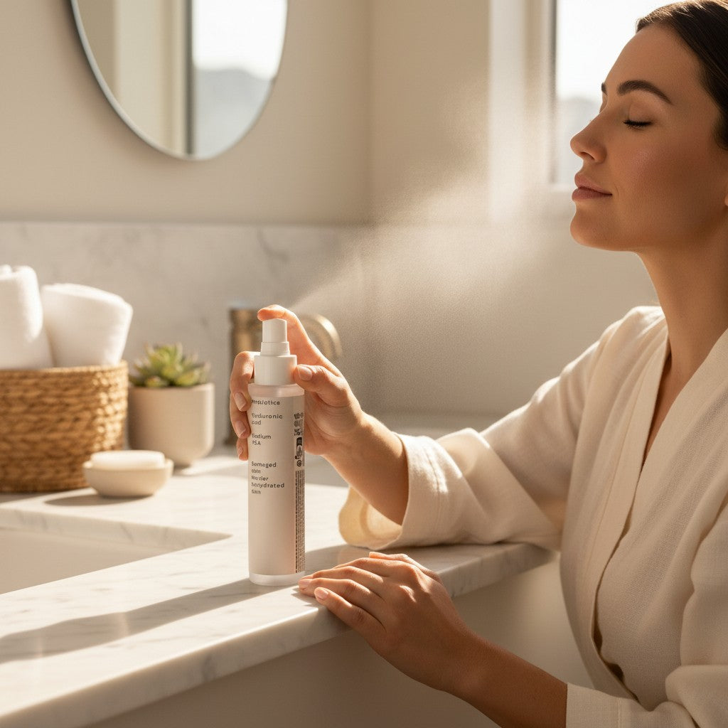 Omina Essence Microbiome Prebiotics Face Mist with Hyaluronic Acid and Sodium PCA for damaged and dehydrated skin.
