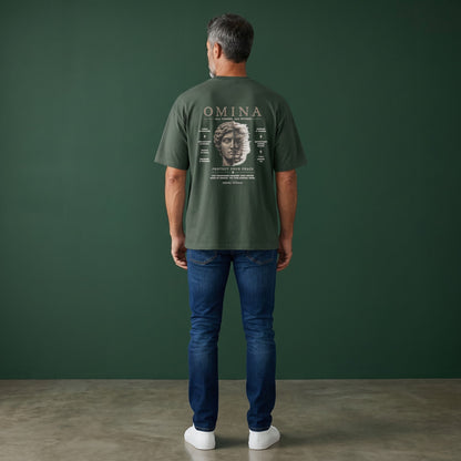 Omina Studio dark green cotton t-shirt with "Protect Your Peace" graphic on back and Omina logo on front.
