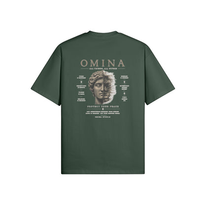 Omina Studio dark green cotton t-shirt with "Protect Your Peace" graphic on back and Omina logo on front.