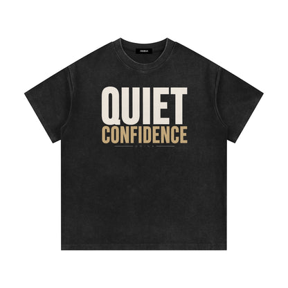 Omina black mineral wash waffle knit t-shirt with "Quiet Confidence" graphic print. Relaxed fit, crew neck.