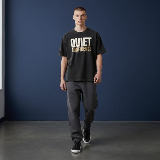 Omina black mineral wash waffle knit t-shirt with "QUIET CONFIDENCE" graphic print. Relaxed fit, crew neck.