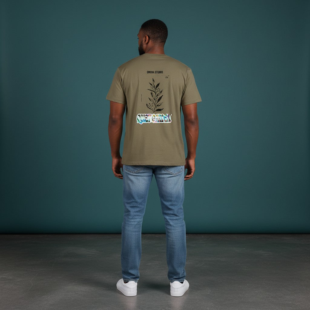 Omina Studio olive green heavyweight cotton t-shirt with drop shoulders and a graphic print on the back.