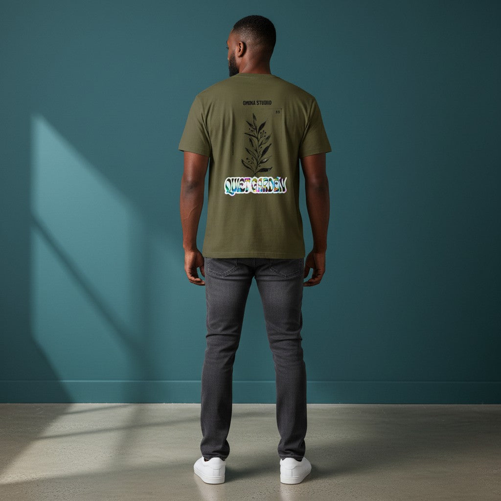 OMINA Studio olive green heavyweight cotton t-shirt with drop shoulders and a graphic print on the back.