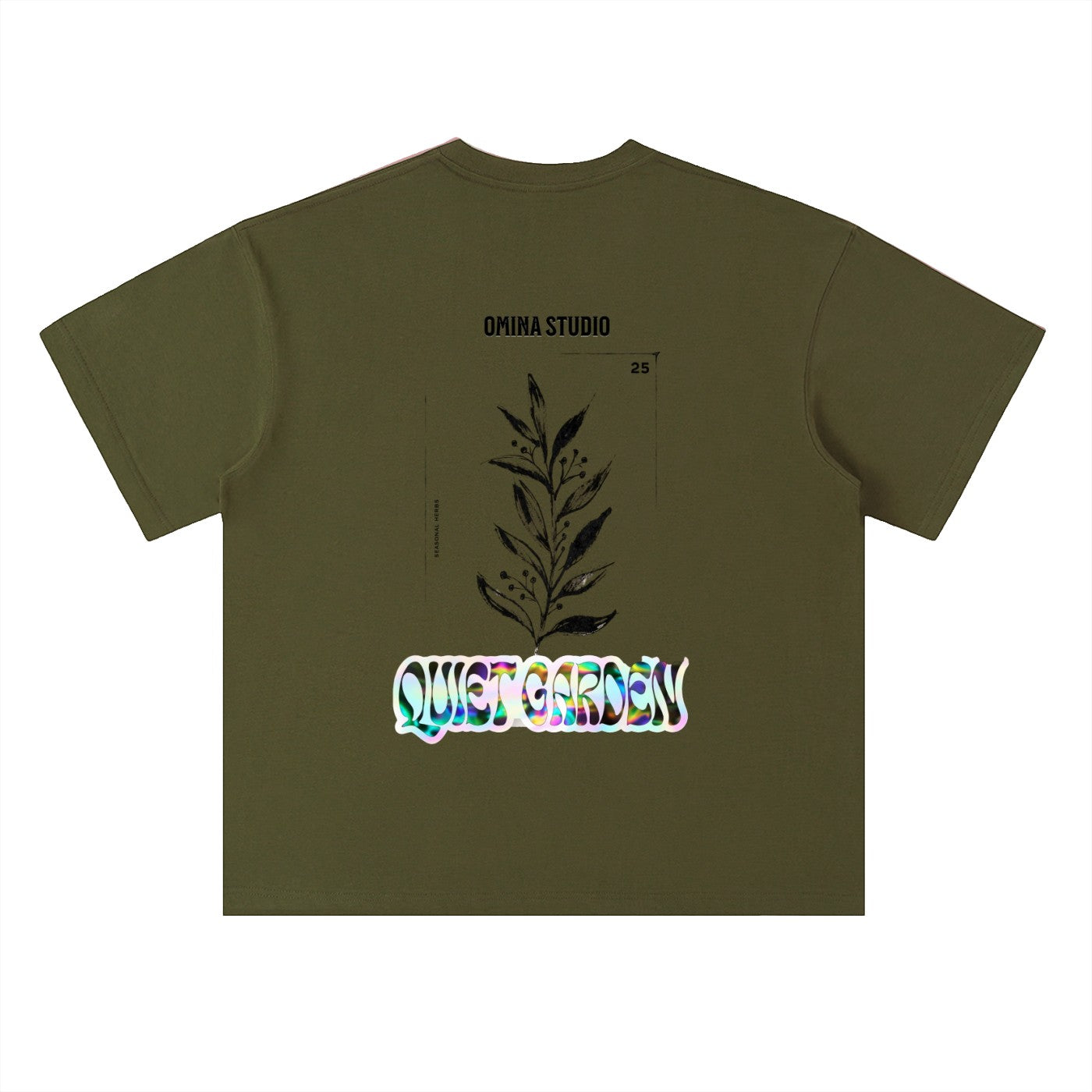 Omina Studio olive green heavyweight cotton t-shirt with drop shoulders and a graphic print of a plant and "Quiet Garden" text.