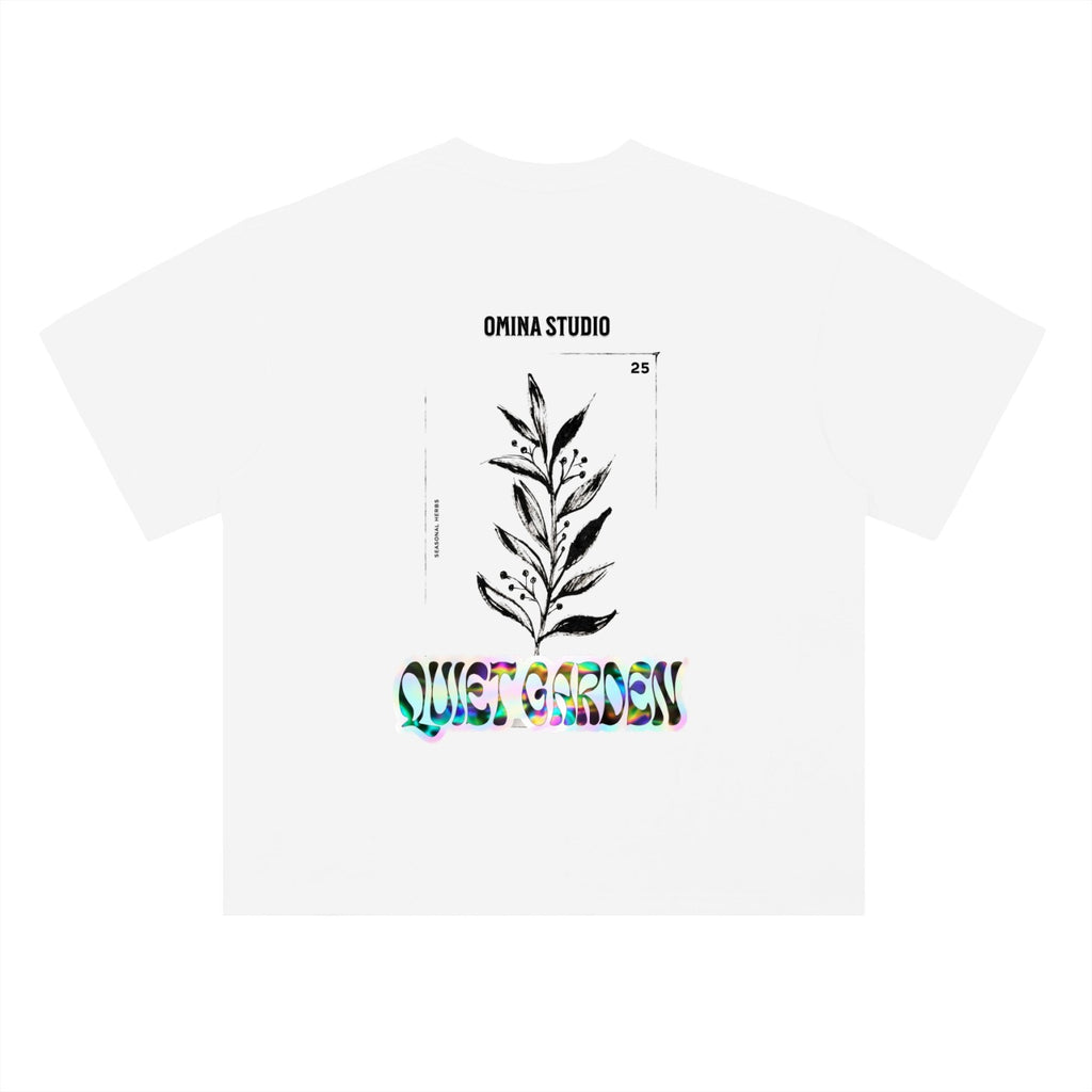 Omina Studio white heavyweight cotton t-shirt with drop shoulders and a graphic print of a plant stem and "Quiet Garden" text.