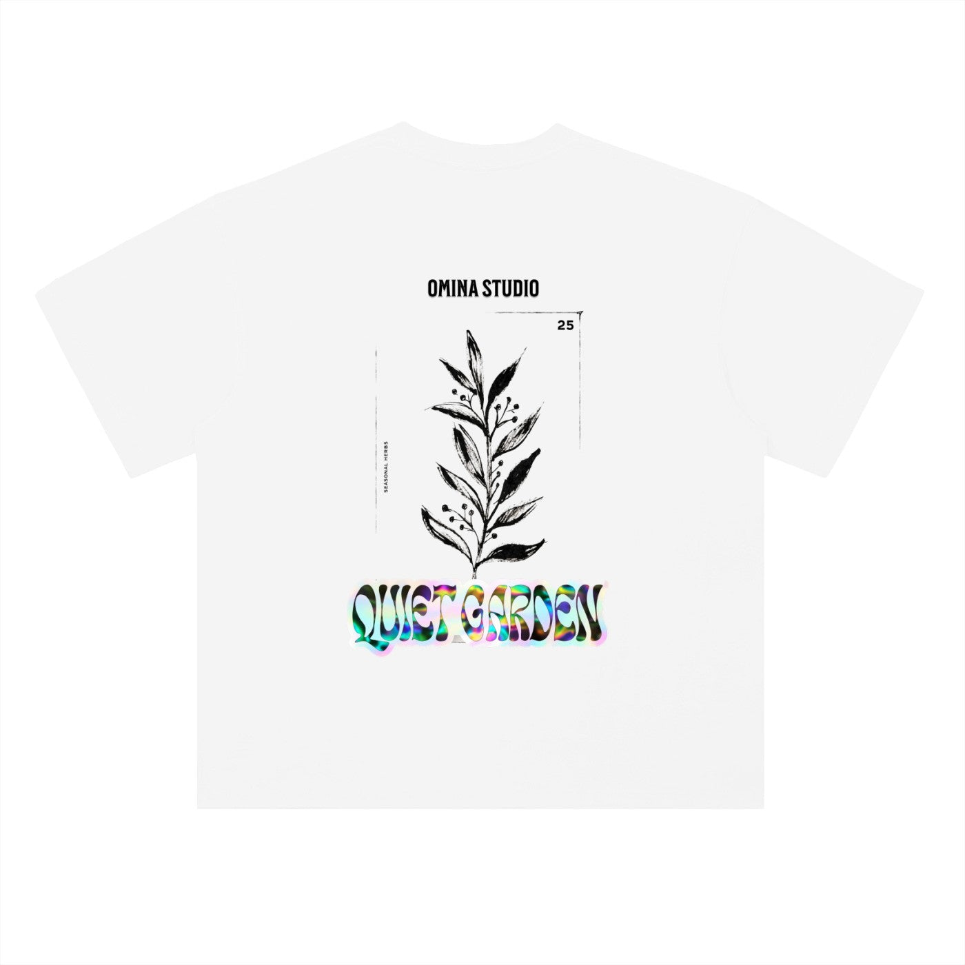 Omina Studio white heavyweight cotton t-shirt with drop shoulders and a graphic print of a plant stem and "Quiet Garden" text.