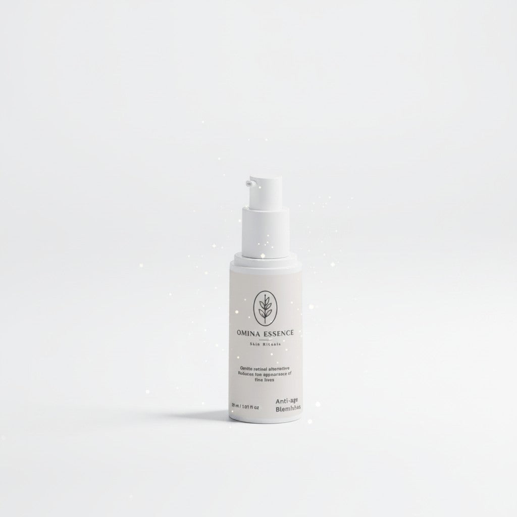 Omina Essence Retinol Alternative Serum in a white pump bottle, featuring a label with botanical graphics and text for anti-aging and fine line reduction.