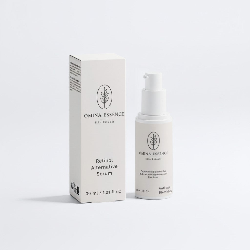 Omina Essence Retinol Alternative Serum, a gentle anti-aging serum in a white pump bottle with a box.