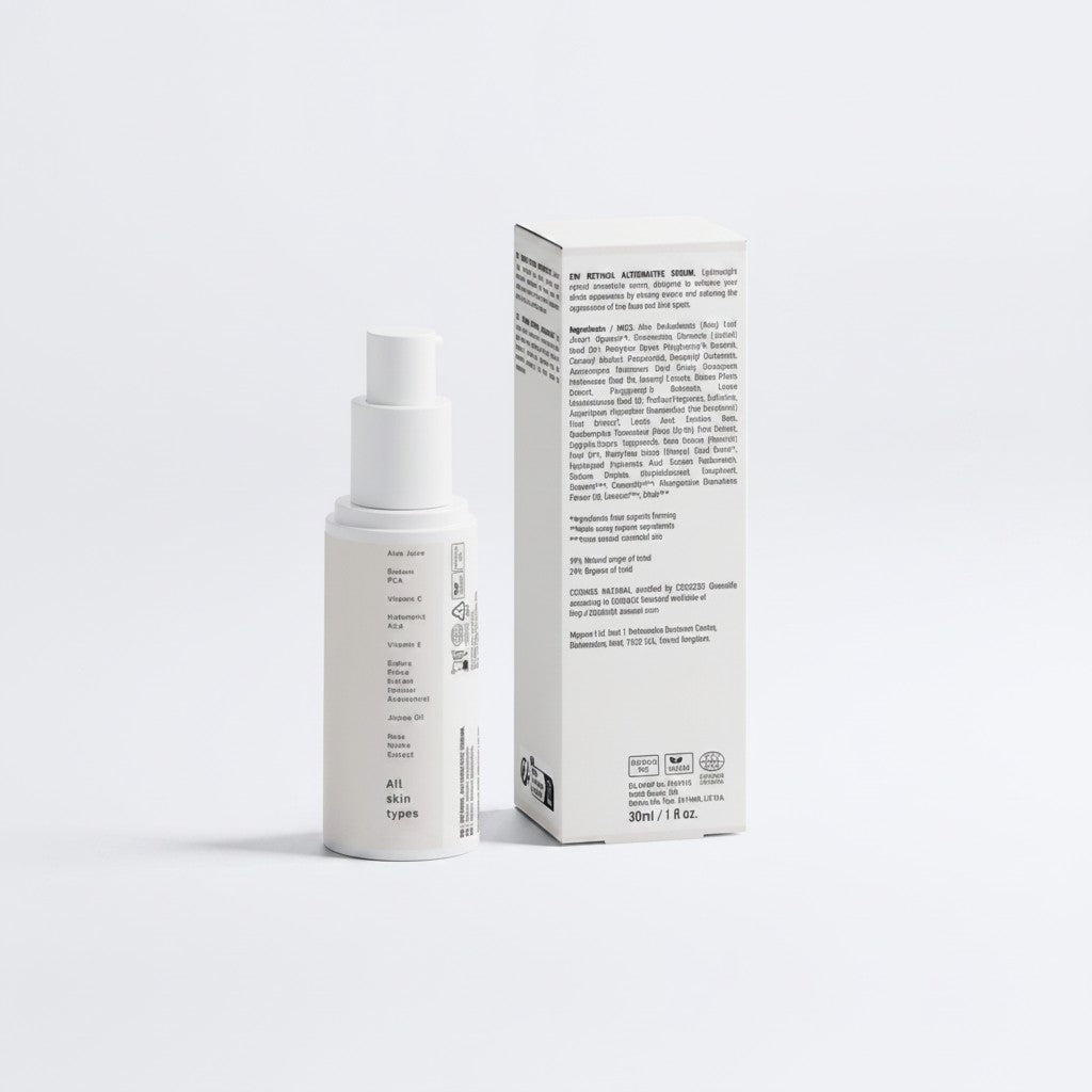 Omina Retinol Alternative Serum in a white pump bottle with ingredients listed on the side. For all skin types.