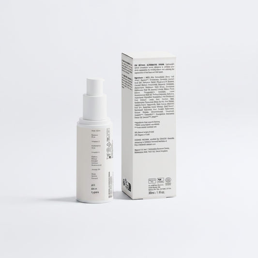 Omina Retinol Alternative Serum in a white pump bottle with ingredients listed on the side. For all skin types.