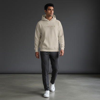 Omina Studio sandstone OS Medusa Hoodie with embroidered logo on front and graphic on back. Relaxed fit, midweight cotton-blend fleece.