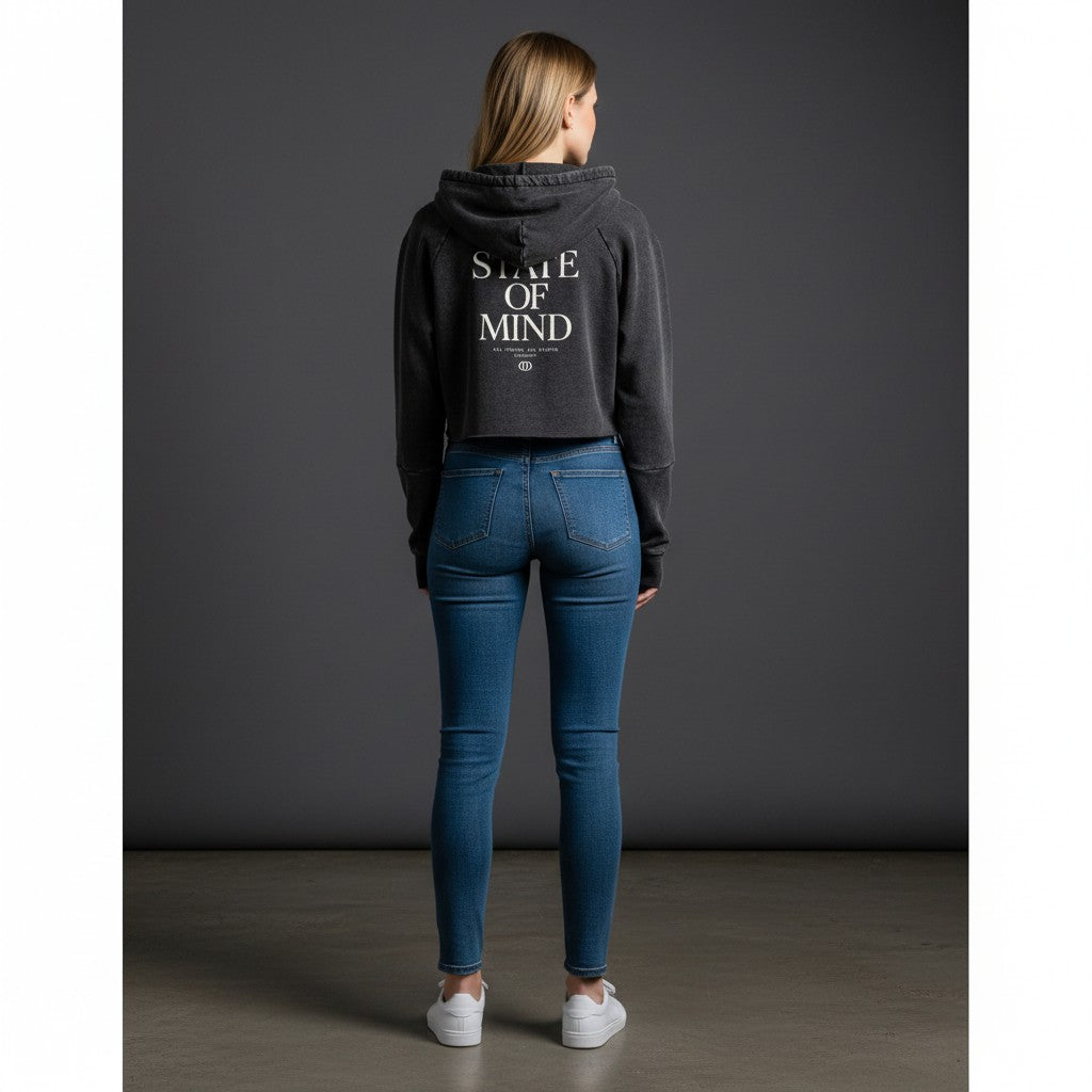 Omina Studio State of Mind washed raw edge heavyweight cropped hoodie in charcoal grey with graphic print.