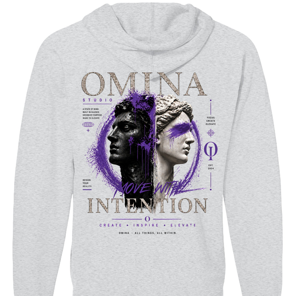 Omina Studio light grey loopback terry zip hoodie with a graphic print of two classical busts and text.
