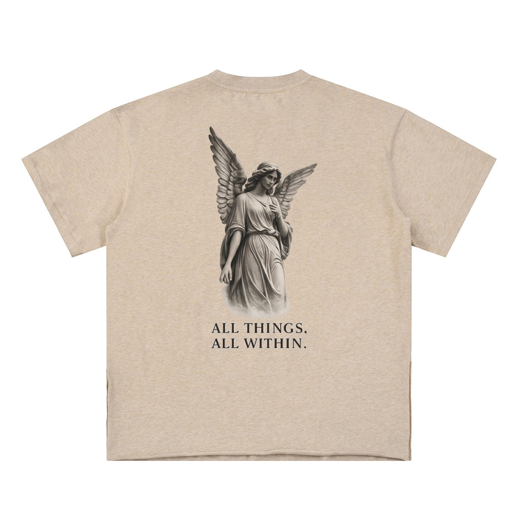 OMINA Studio beige cotton t-shirt with angel graphic and "ALL THINGS, ALL WITHIN." text on back.