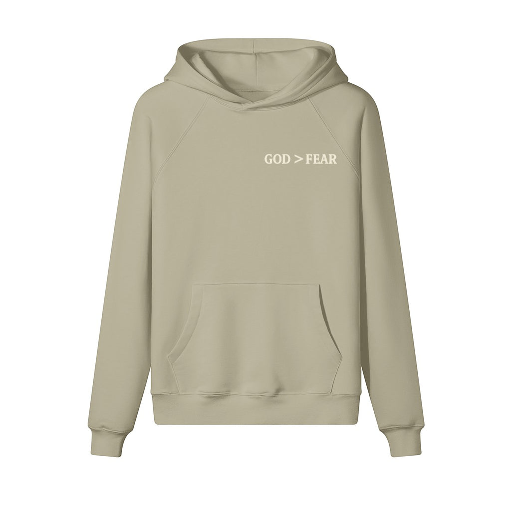 Omina Studio beige heavyweight cotton pullover hoodie with "GOD > FEAR" graphic and kangaroo pocket.