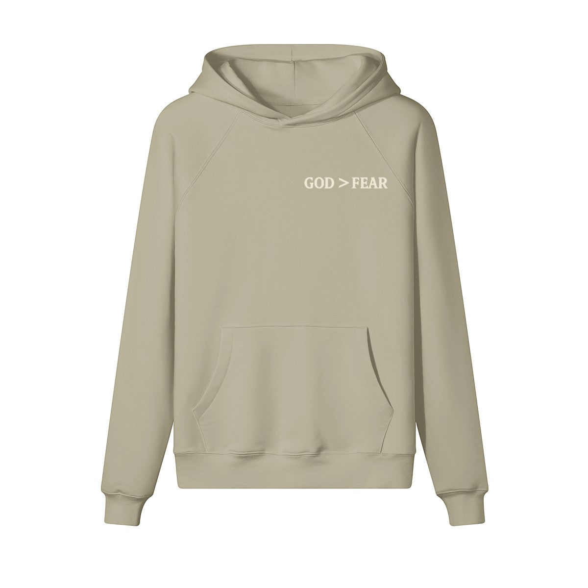 Omina Studio beige heavyweight cotton pullover hoodie with "GOD > FEAR" graphic and kangaroo pocket.