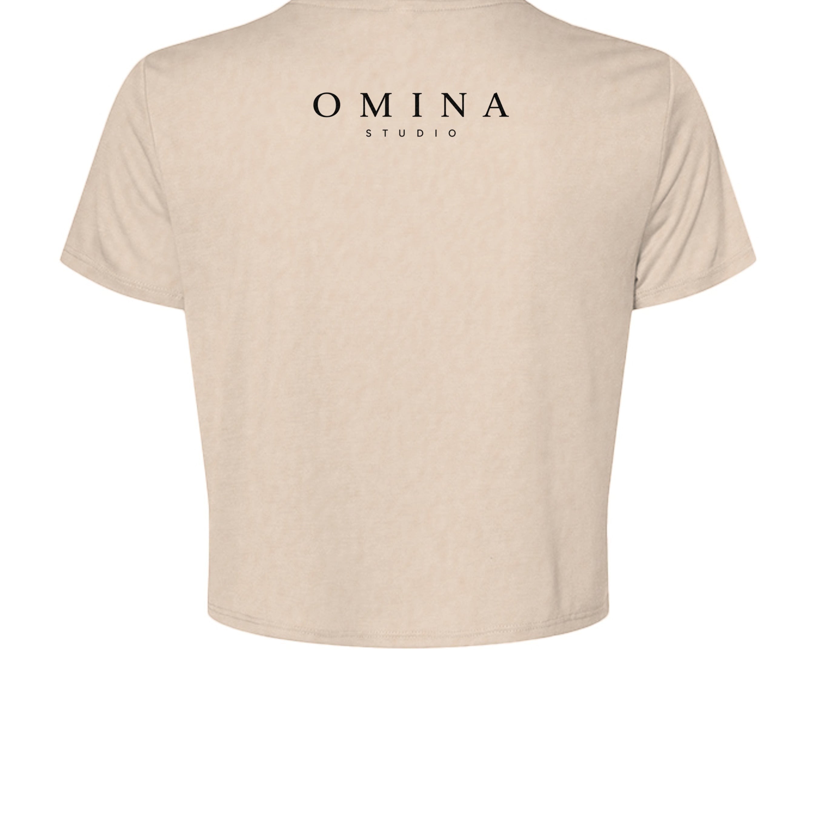 Omina Studio beige cotton crop top with black Omina Studio logo on back. Short sleeves and crew neck.